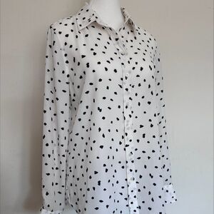 Banana Republic button down blouse, EUC, Sz M, white, blk print, EUC